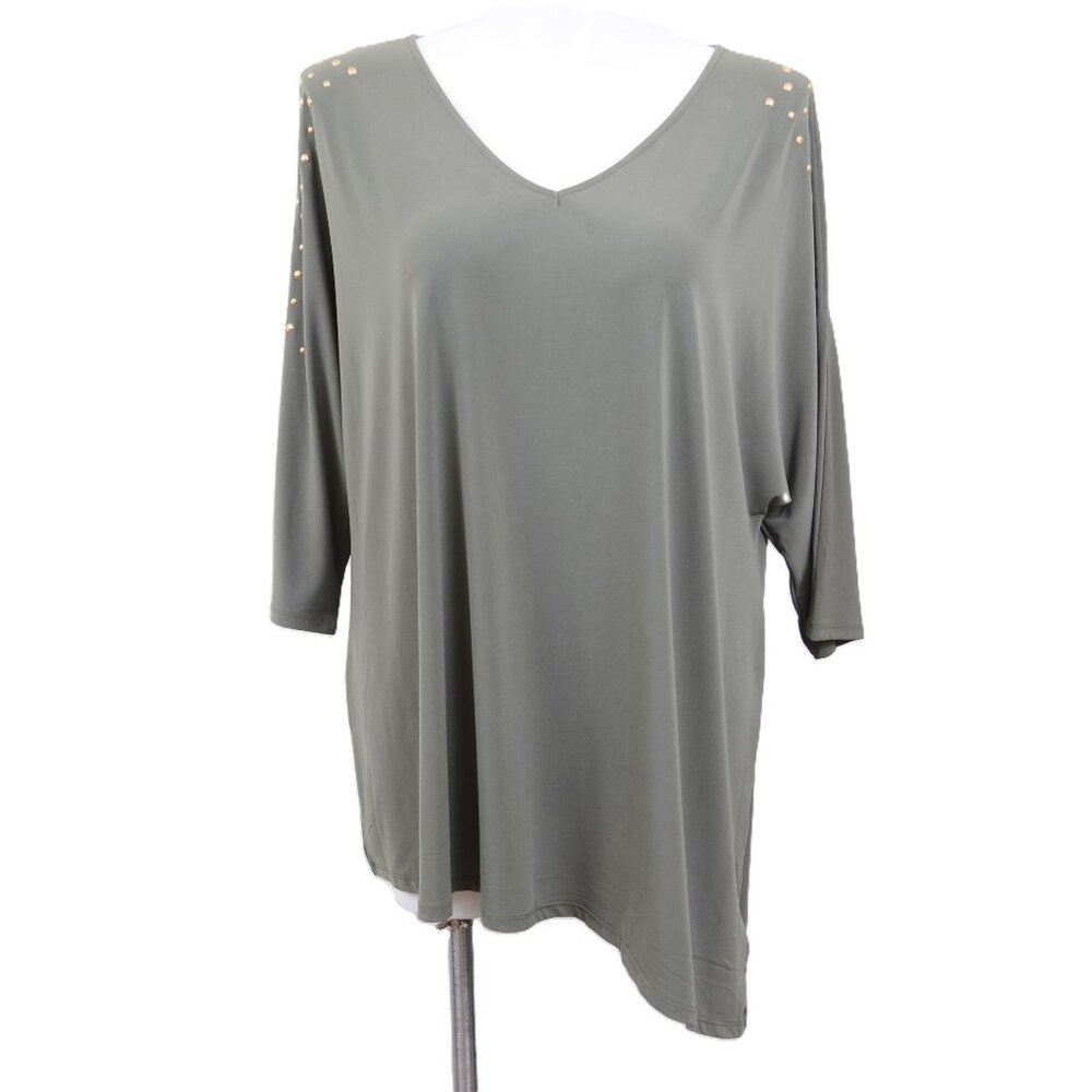 Roz & Ali Woman PLUS 1X Cold Shoulder 3/4 Sleeve Studs asymmetrical‎ Tunic Top